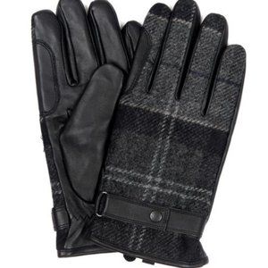 Barbour Men's NEWBROUGH TARTAN Leather Gloves MSRP$100 Bla/Grey Woven In England